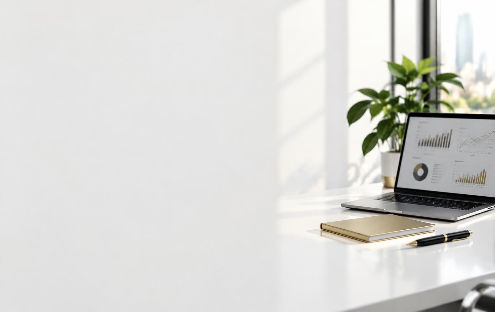Mesa de trabalho com notebook e materiais de análise financeira